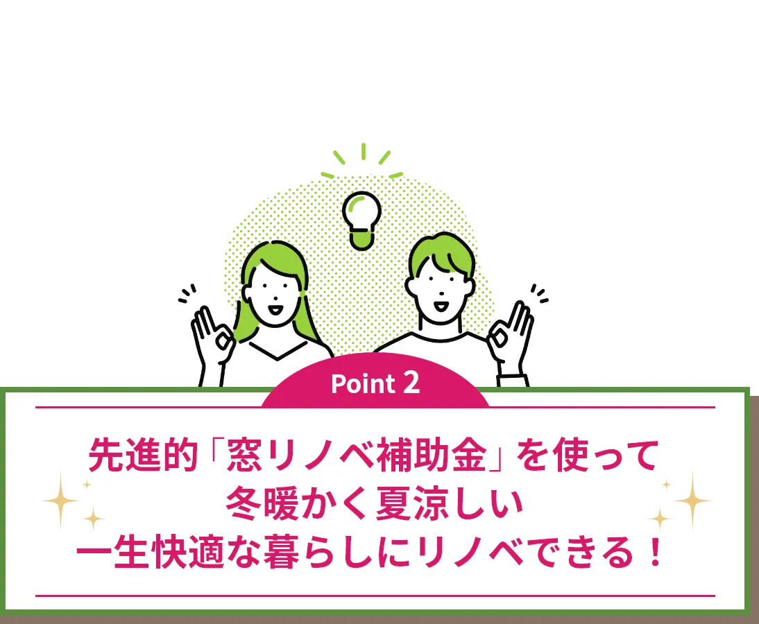 Point2｜先進的「窓リノベ補助金」を使って冬暖かく夏涼しい一生快適な暮らしにリノベできる！